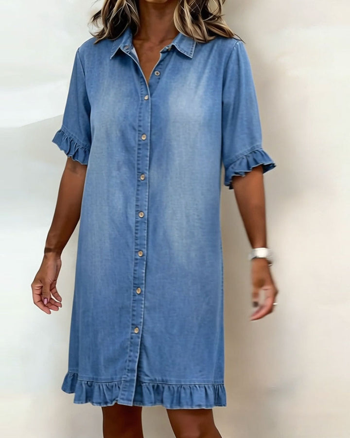 Van Delft Mode® | Comfortabele Denim Jurk met Flatterende Rimpeling