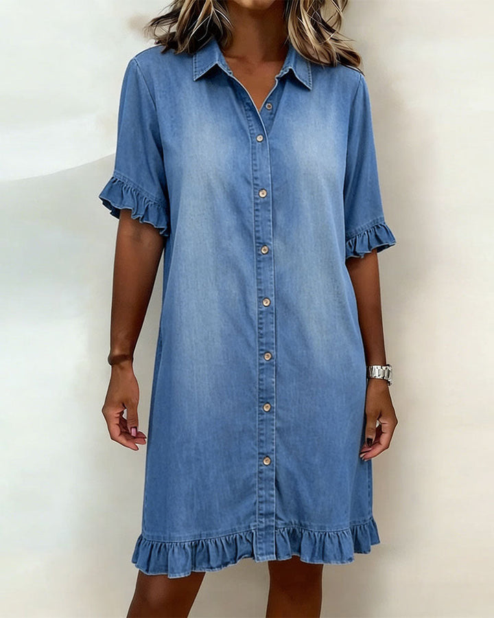 Van Delft Mode® | Comfortabele Denim Jurk met Flatterende Rimpeling