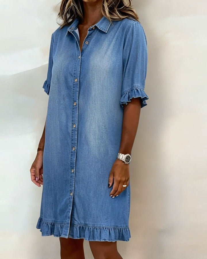 Van Delft Mode® | Comfortabele Denim Jurk met Flatterende Rimpeling